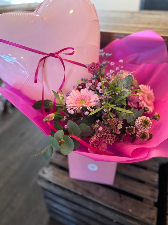 Pink Bouquet with Love Heart Balloon