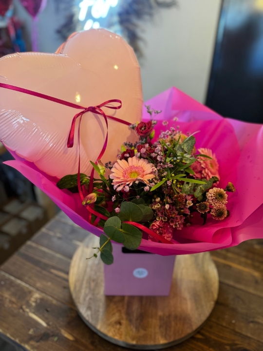 Pink Bouquet with Love Heart Balloon